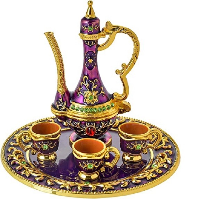 Customized Handmade Turkish Tea Kettle With Tray 4 Cup Set Pot Metal Home Party Decorative   Floral Serving Tea Coffee Pots