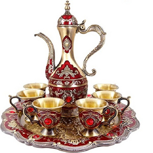 Vintage Metallic Turkish Tea Coffee Pot Royal Wedding Coffee Tea Serving Pot With Tray 6 Cup Set Coffee Tea Serving Pot