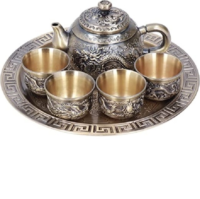 Customized Handmade Turkish Tea Kettle With Tray 4 Cup Set Pot Metal Home Party Decorative   Floral Serving Tea Coffee Pots