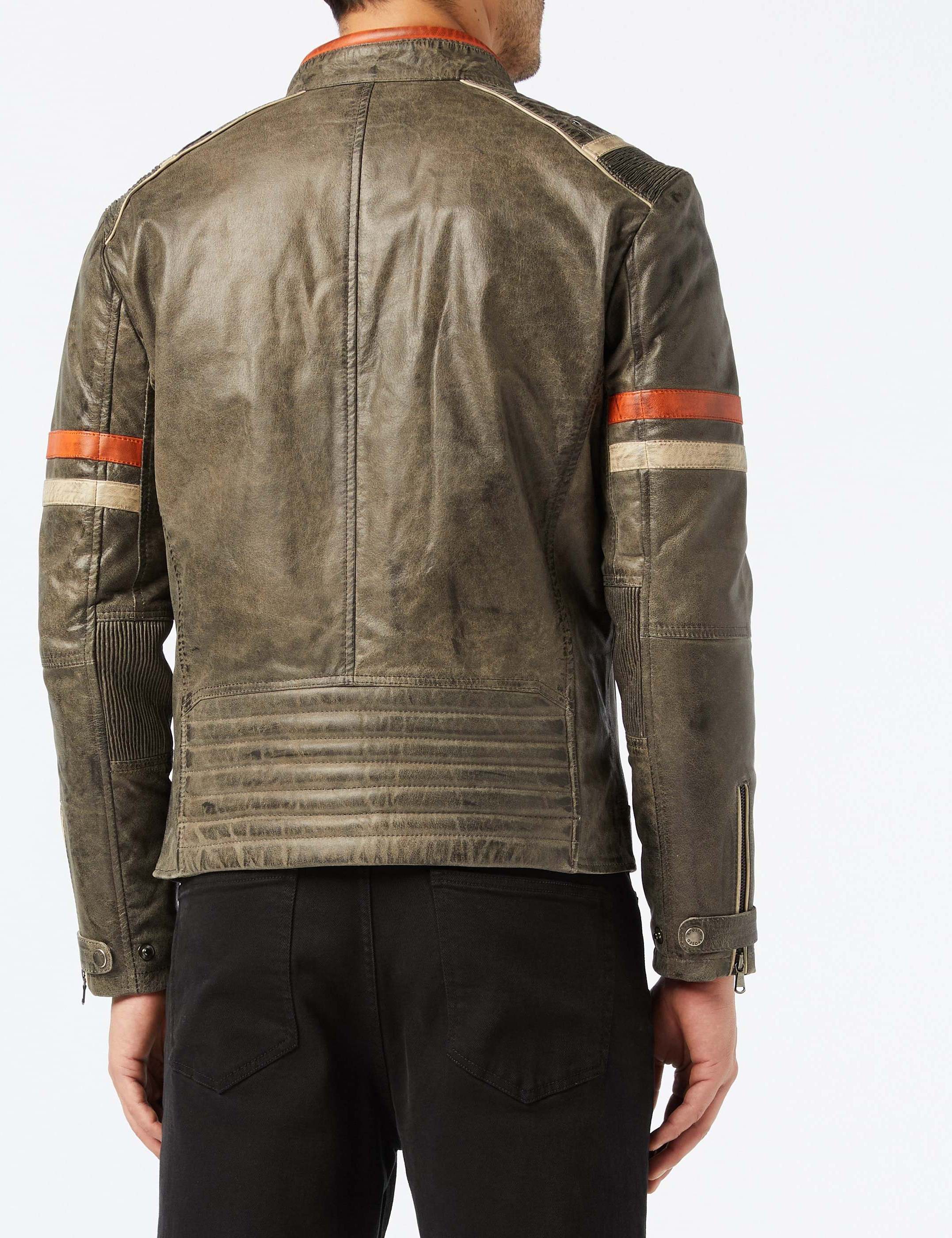 Breathable Design Vintage Distressed Olive Leather Moto Jacket with Orange Racing Stripes Zippered Biker Leather Jacket Men's