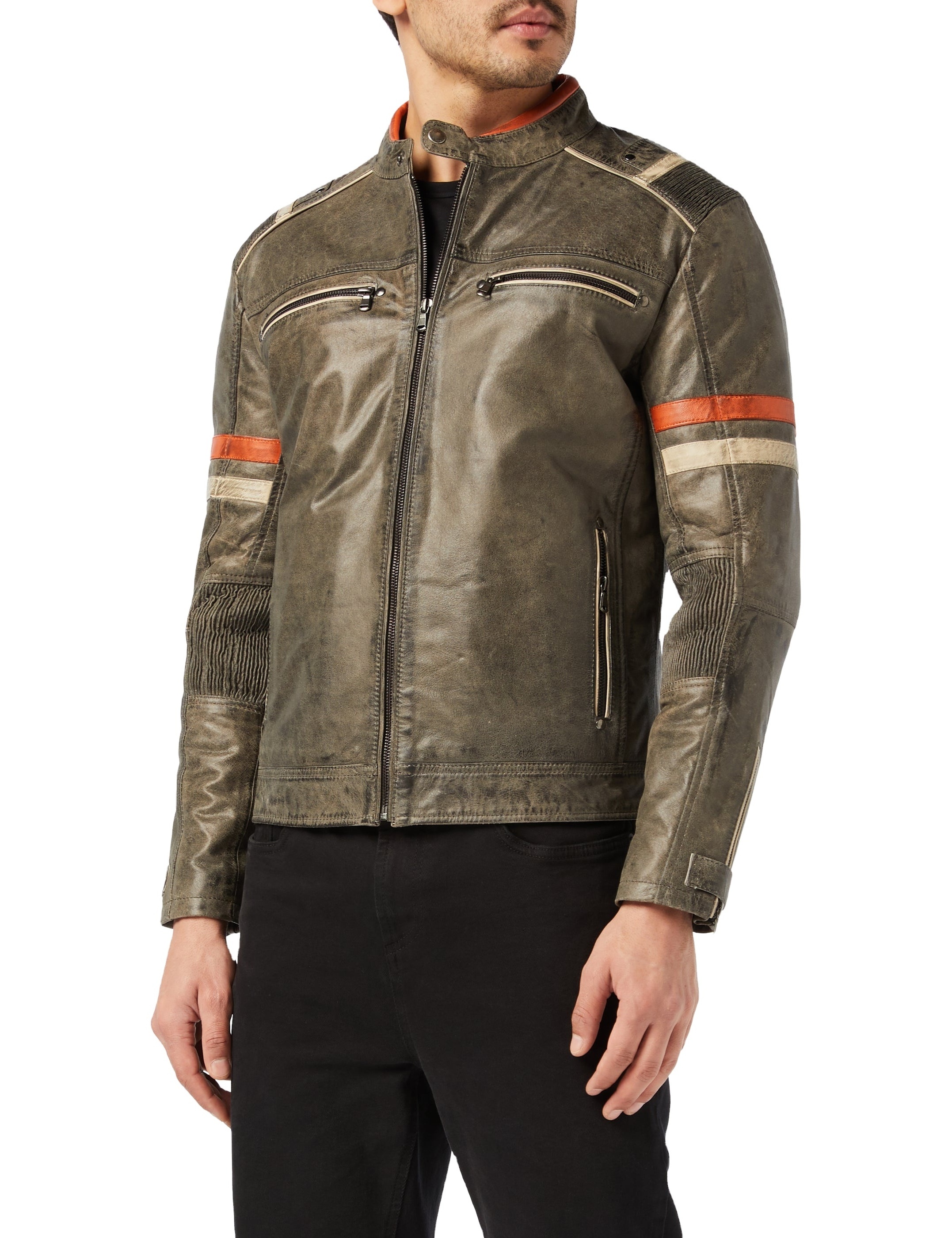 Breathable Design Vintage Distressed Olive Leather Moto Jacket with Orange Racing Stripes Zippered Biker Leather Jacket Men's