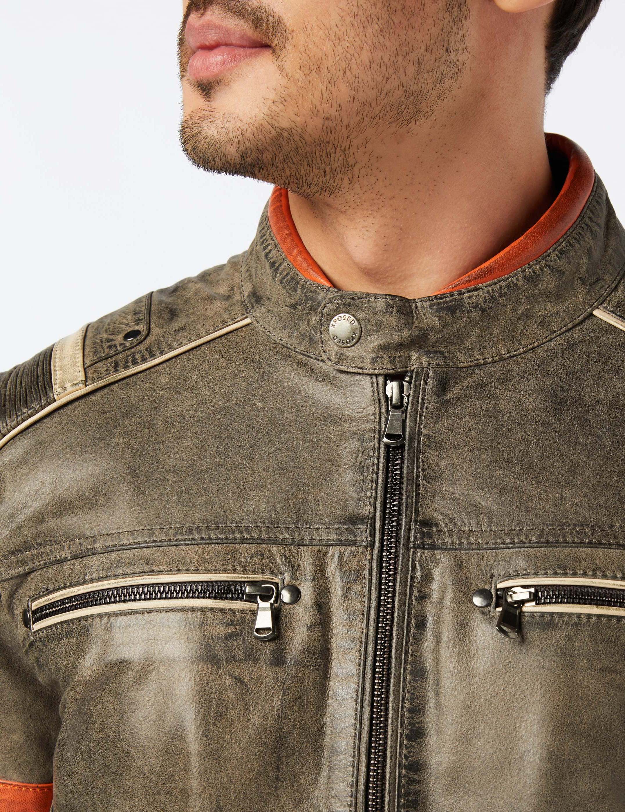 Breathable Design Vintage Distressed Olive Leather Moto Jacket with Orange Racing Stripes Zippered Biker Leather Jacket Men's