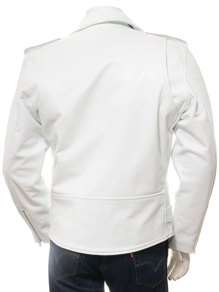 OEM Custom Design Fashion Short Men's Leather Biker Jacker in White Color Without Hood Zip Pockets Leather Jacket Men