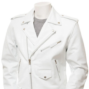 OEM Custom Design Fashion Short Men's Leather Biker Jacker in White Color Without Hood Zip Pockets Leather Jacket Men