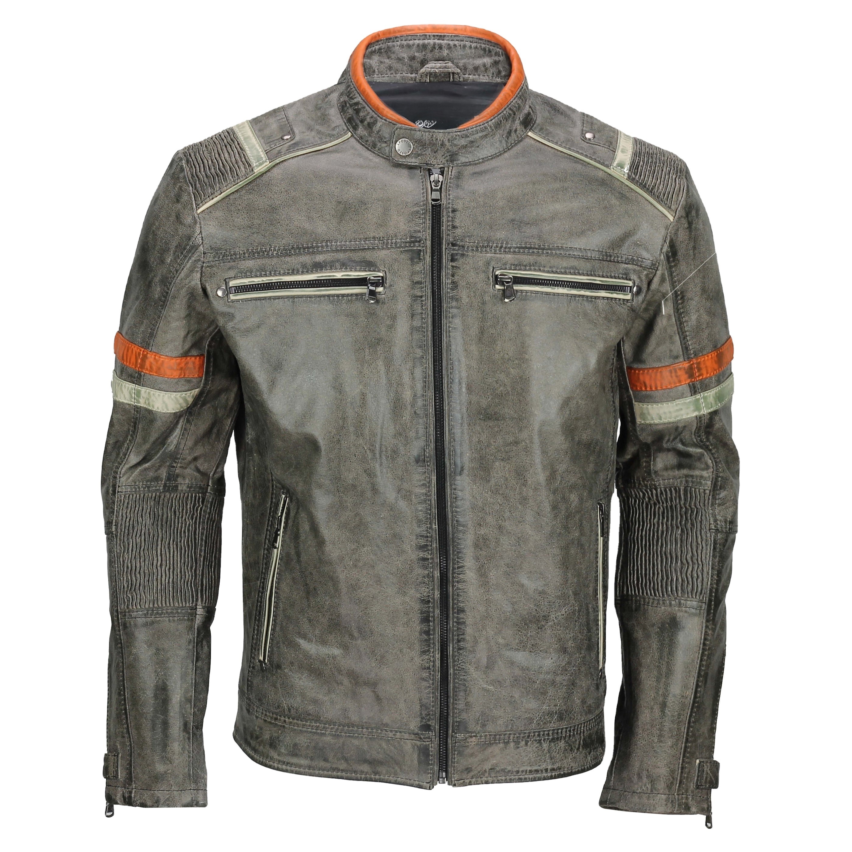 Breathable Design Vintage Distressed Olive Leather Moto Jacket with Orange Racing Stripes Zippered Biker Leather Jacket Men's