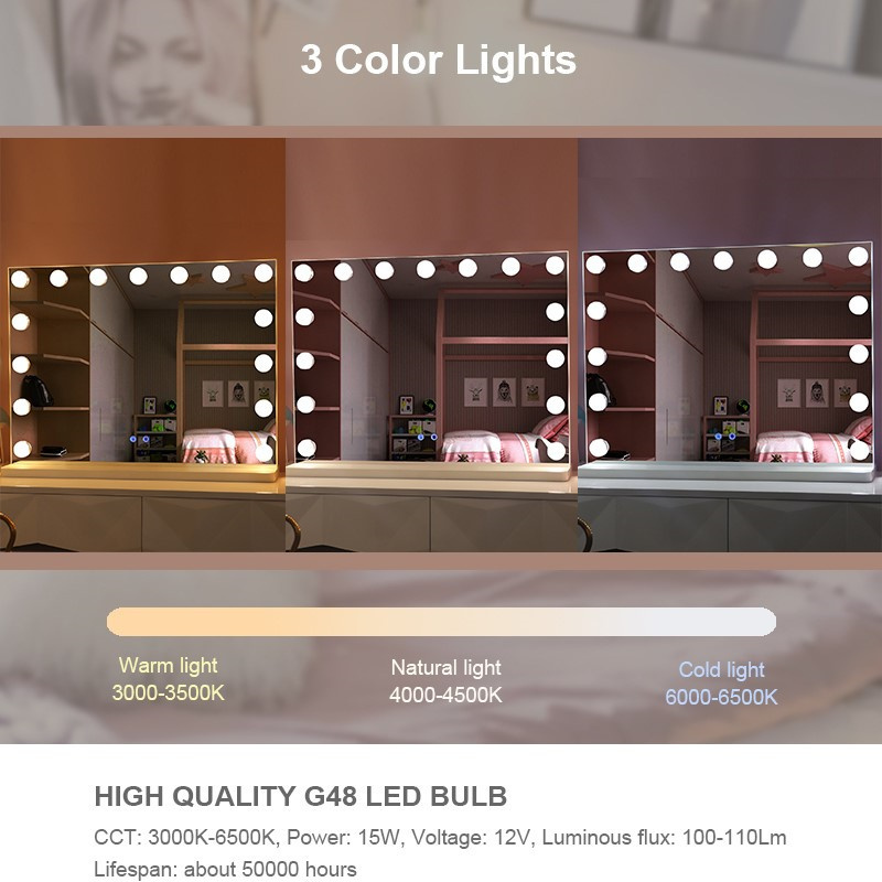 Custom size Led 15/18 Bulbs Touch Sensor Switch Dimmable Makeup Hollywood Vanity Mirror With Led Light USB charging socket