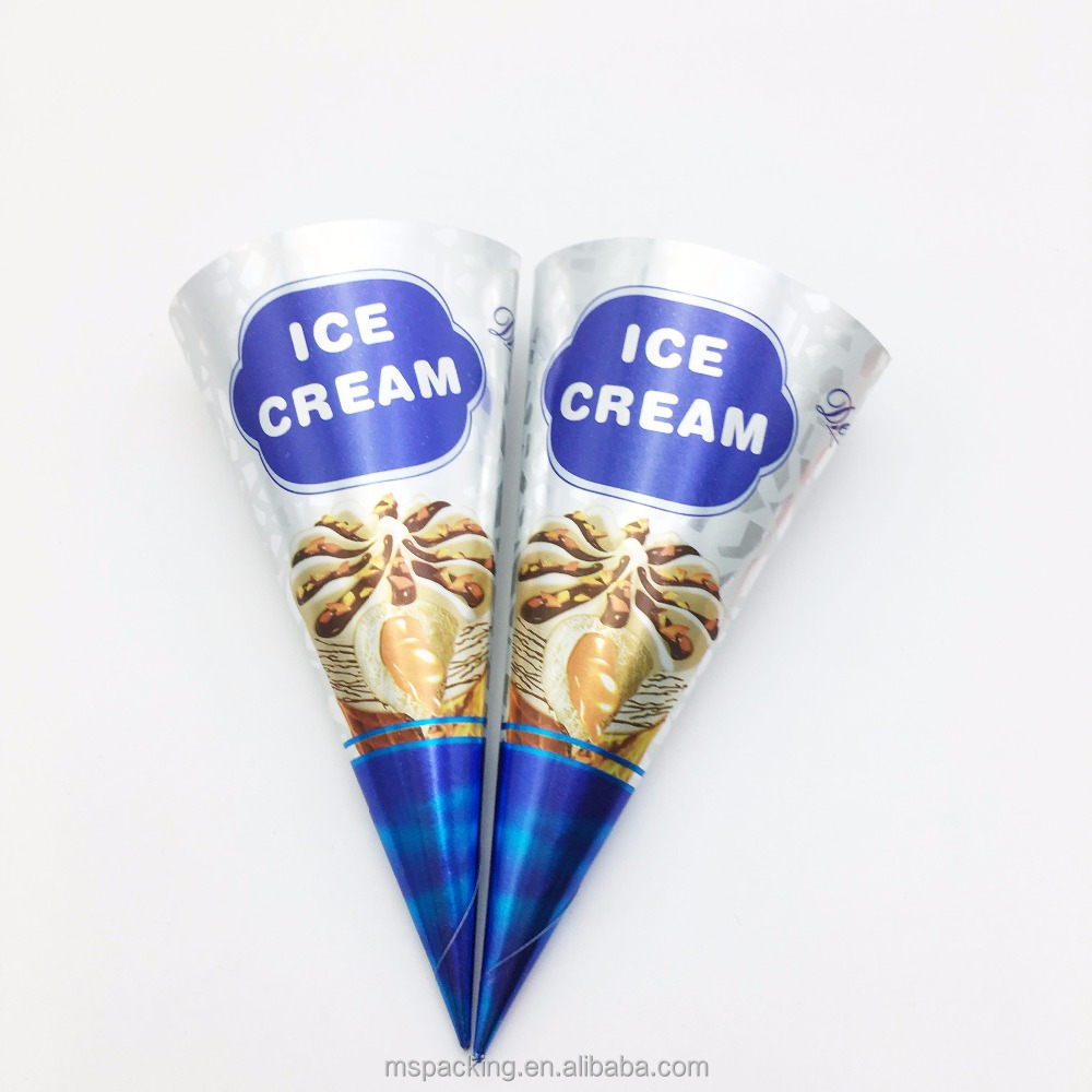 Disposable Custom Printed Foil Rolled Ice Cream Gelato Paper Cone Wrapping Paper Ice Cream Cone With Coated Paper Logo Printed