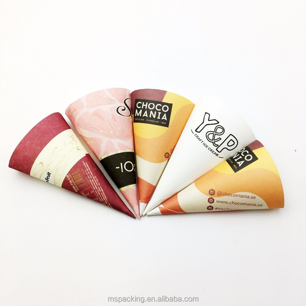 Disposable Custom Printed Foil Rolled Ice Cream Gelato Paper Cone Wrapping Paper Ice Cream Cone With Coated Paper Logo Printed