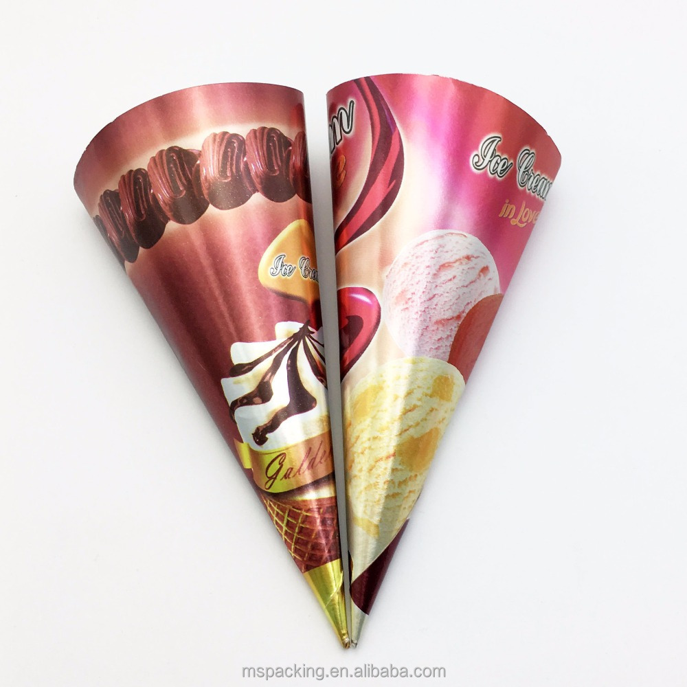 Disposable Custom Printed Foil Rolled Ice Cream Gelato Paper Cone Wrapping Paper Ice Cream Cone With Coated Paper Logo Printed