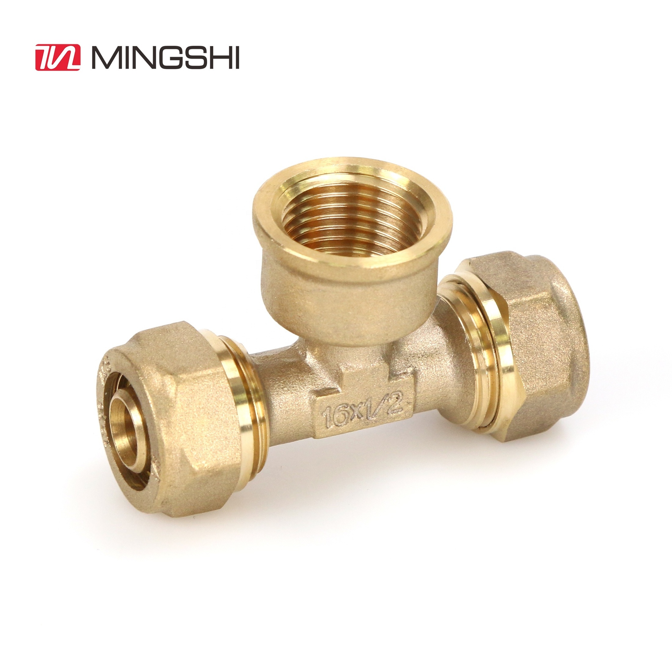 MINGSHI Plumbing materials Female Tee multilayer pipe pexalpex pipe fitting underfloor heating pipe pex brass fitting