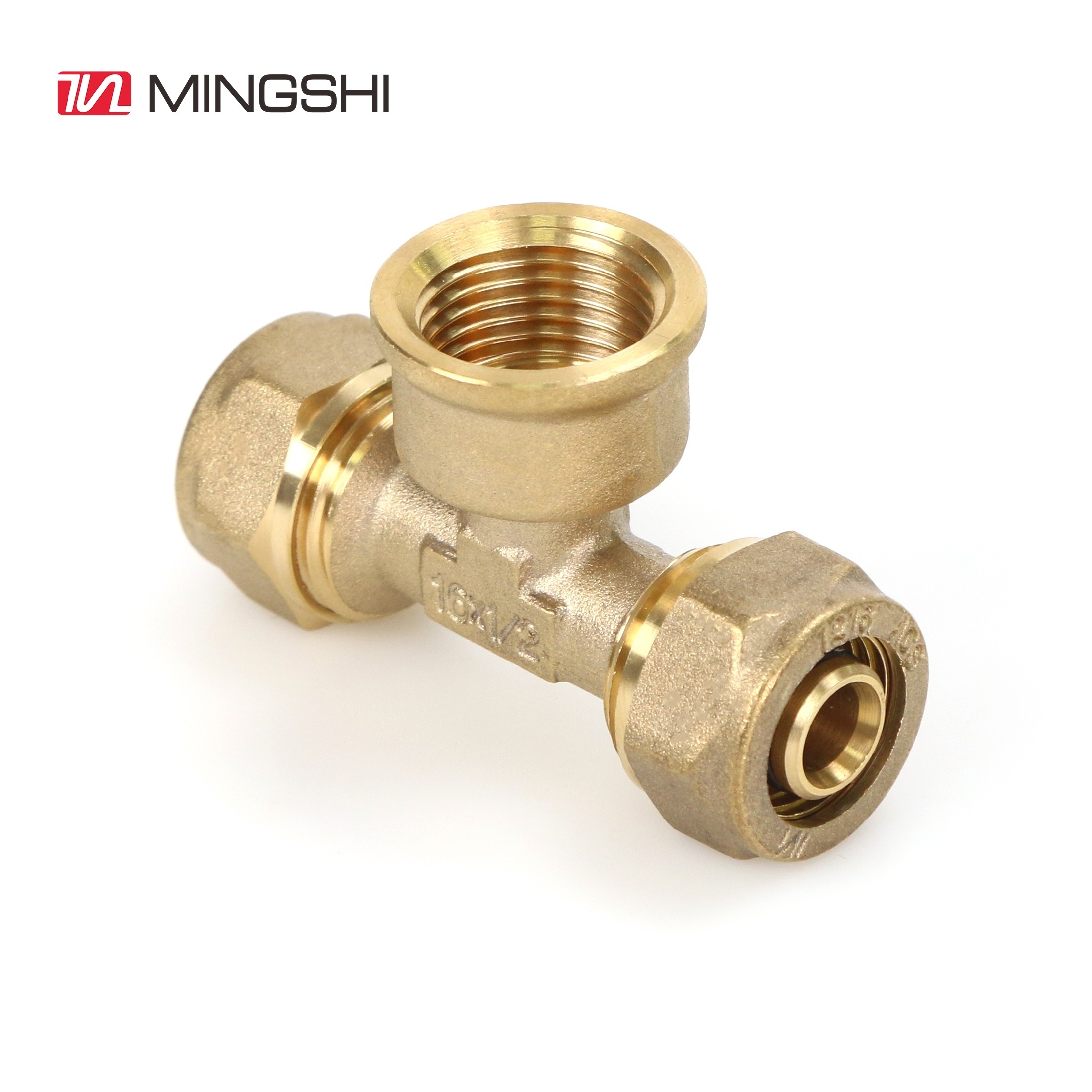 MINGSHI Plumbing materials Female Tee multilayer pipe pexalpex pipe fitting underfloor heating pipe pex brass fitting