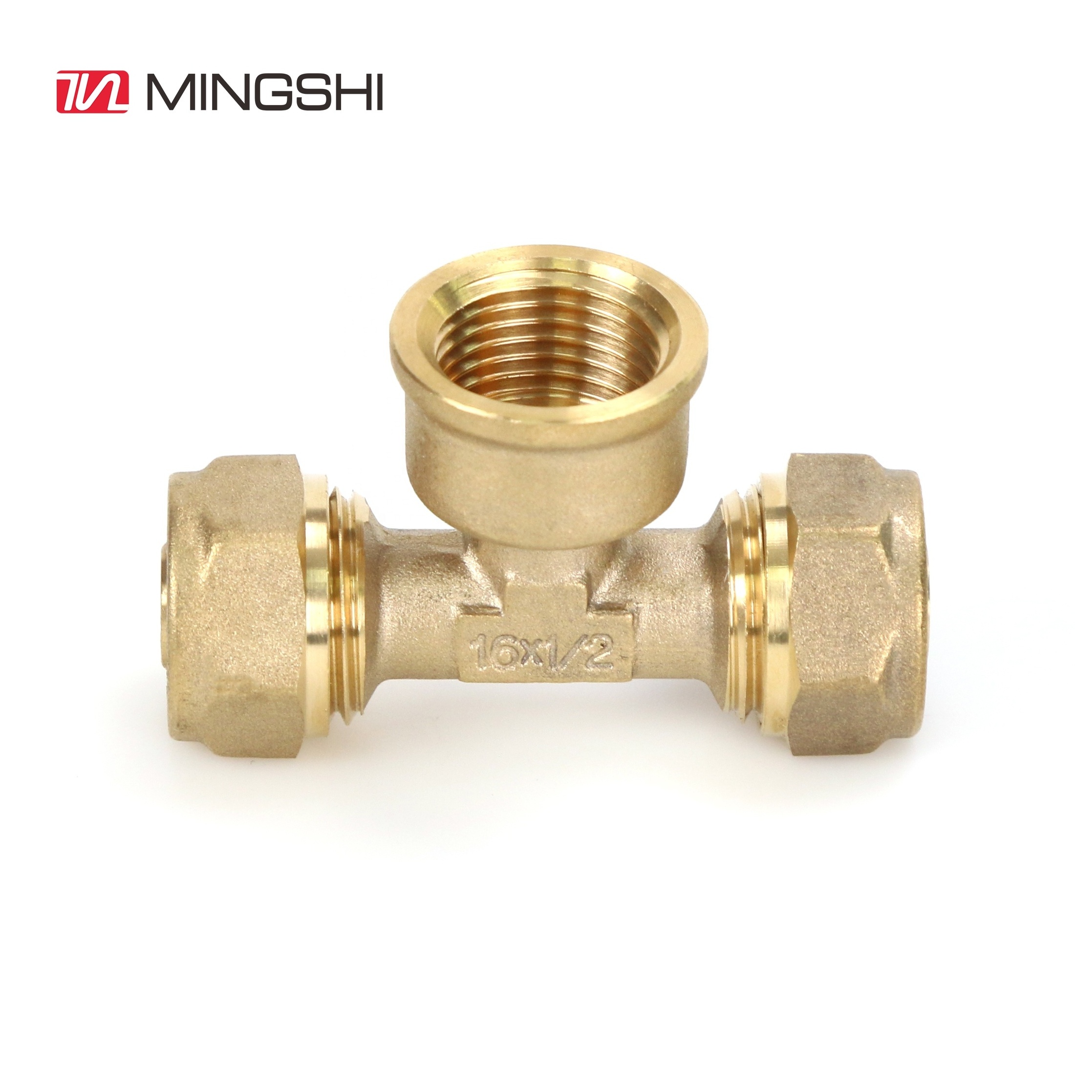 MINGSHI Plumbing materials Female Tee multilayer pipe pexalpex pipe fitting underfloor heating pipe pex brass fitting