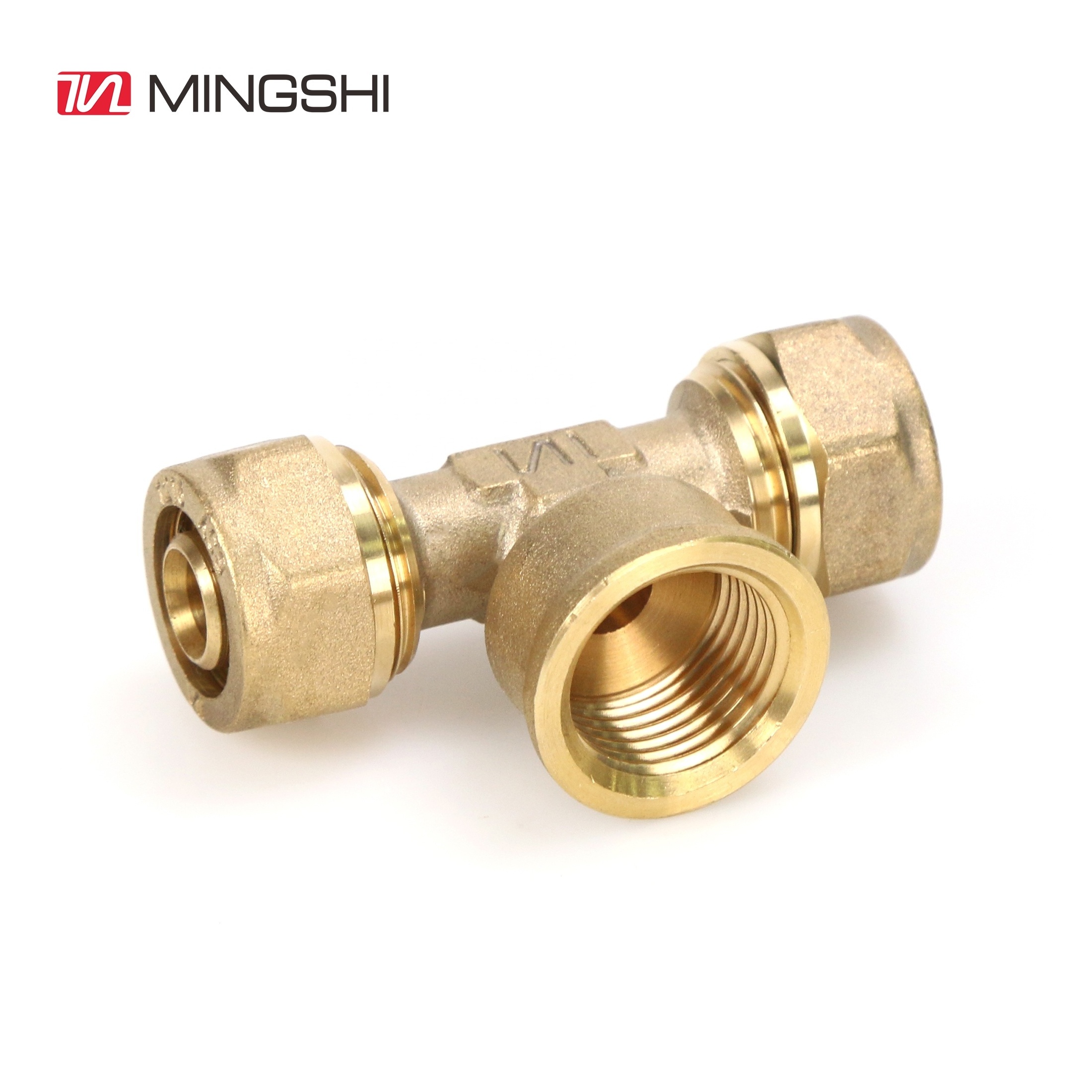 MINGSHI Plumbing materials Female Tee multilayer pipe pexalpex pipe fitting underfloor heating pipe pex brass fitting