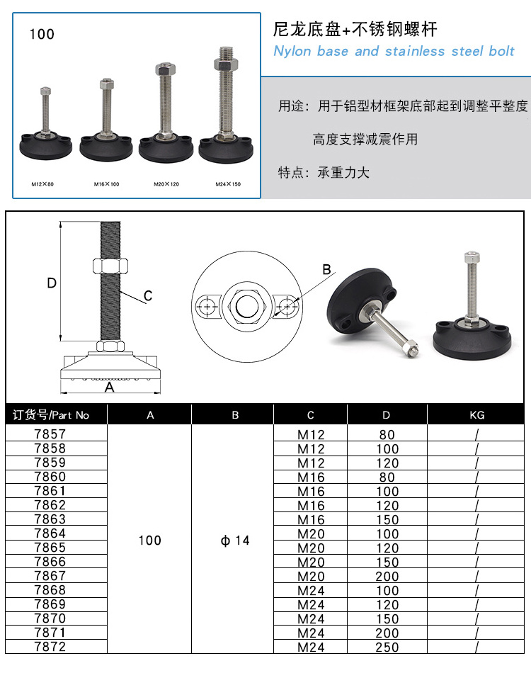 wholesale heavy duty 100G M12*80 base glides M12/M16/M20/M24 adjustable rubber leveling foot mounting feet#7857