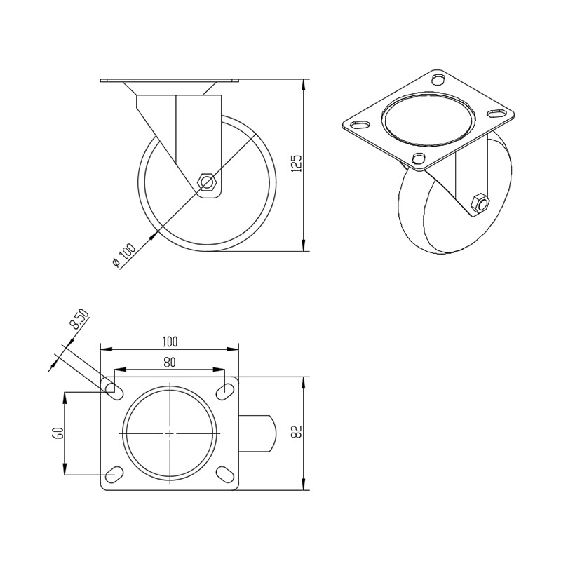 7191  100mm nylon wheel  steel plate  caster without brake pvc black wheel caster plate size 80*60 for aluminum profile