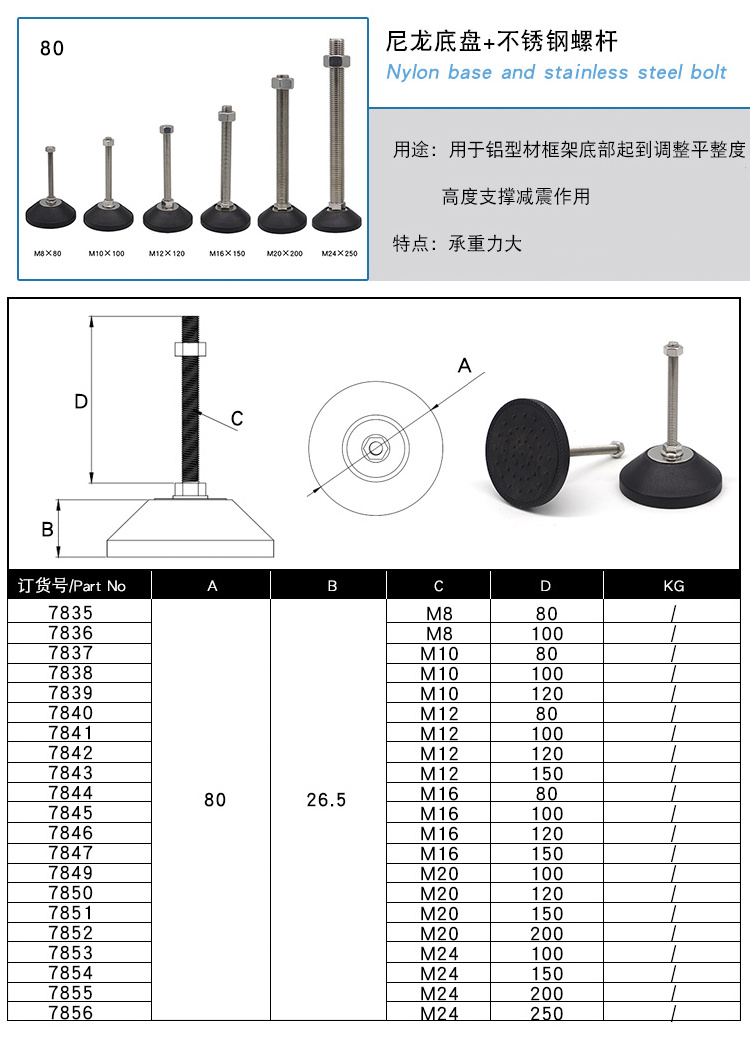 Factory Heavy Load 80F M8*80 with 304ss stud fixed large base guides rubber leveling foot Anti-Vibration Rubber#7835