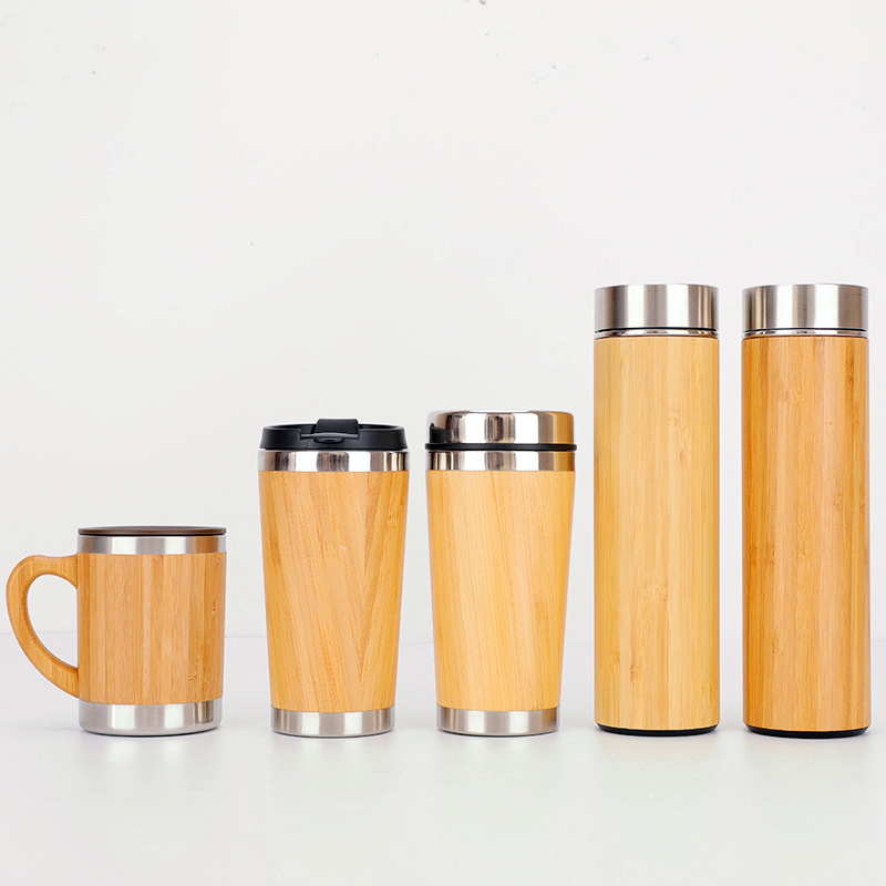 Wholesale custom logo stainless steel insulated triple wall wooden bamboo thermoses flask cup mug bottle with tea infuser