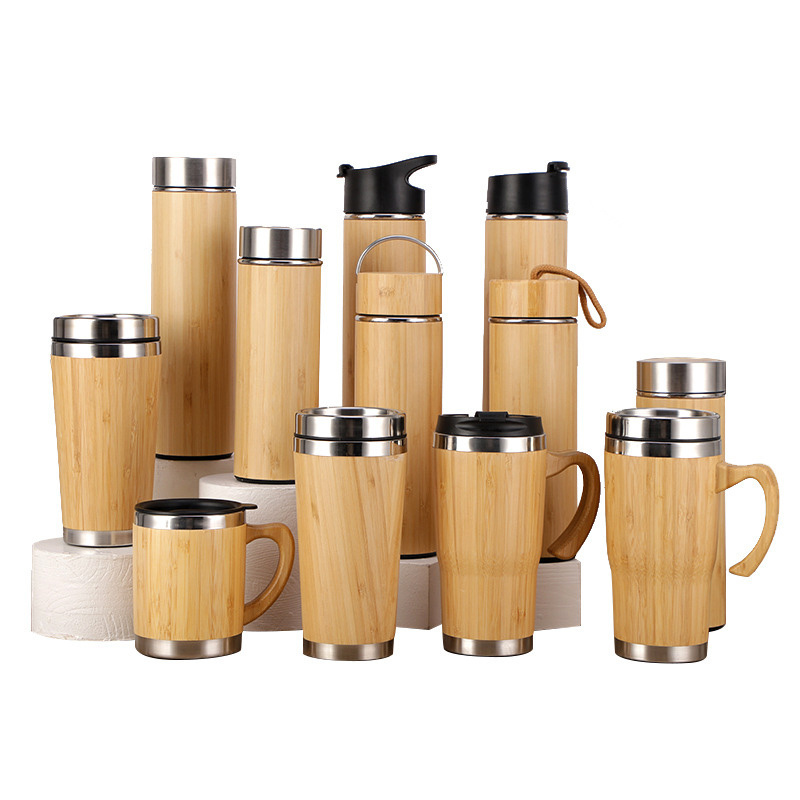 Wholesale custom logo stainless steel insulated triple wall wooden bamboo thermoses flask cup mug bottle with tea infuser