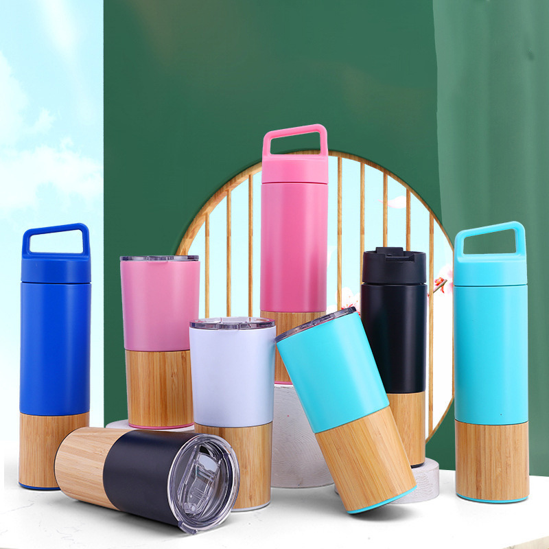 Wholesale custom logo stainless steel insulated triple wall wooden bamboo thermoses flask cup mug bottle with tea infuser