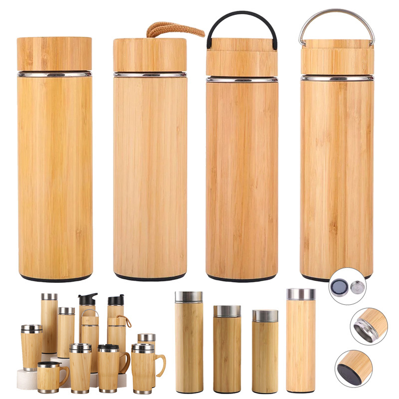 Wholesale custom logo stainless steel insulated triple wall wooden bamboo thermoses flask cup mug bottle with tea infuser