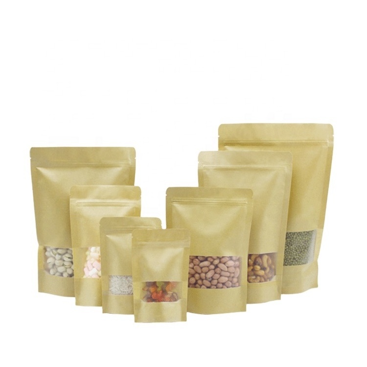 Packaging Biodegradable Kraft Paper Zip Lock Bag In Stock Kraft Paper Bag Food Zipper Bag With Window