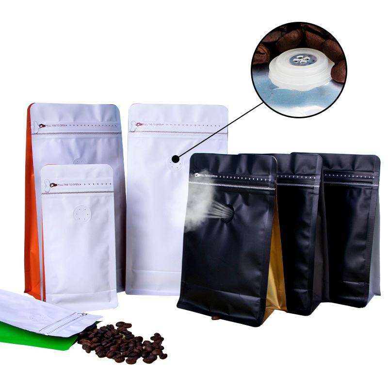 Custom printed 100g 250g 500g flat bottom coffee bags with valve and zipper for coffee bean/tea packaging