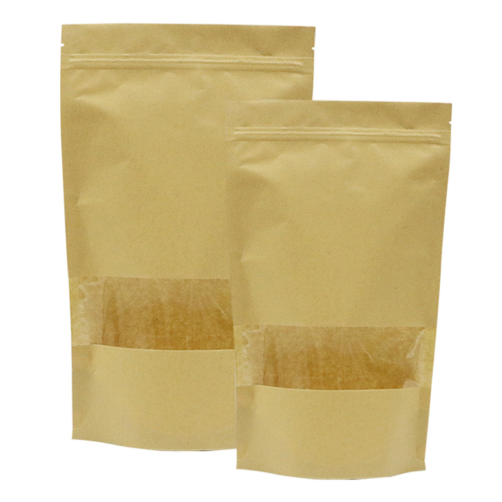 Factory Price Food Packaging Bag Stand up Pouch Bag with Clear Window Kraft Paper Gravure Printing Yellow Zipper Top