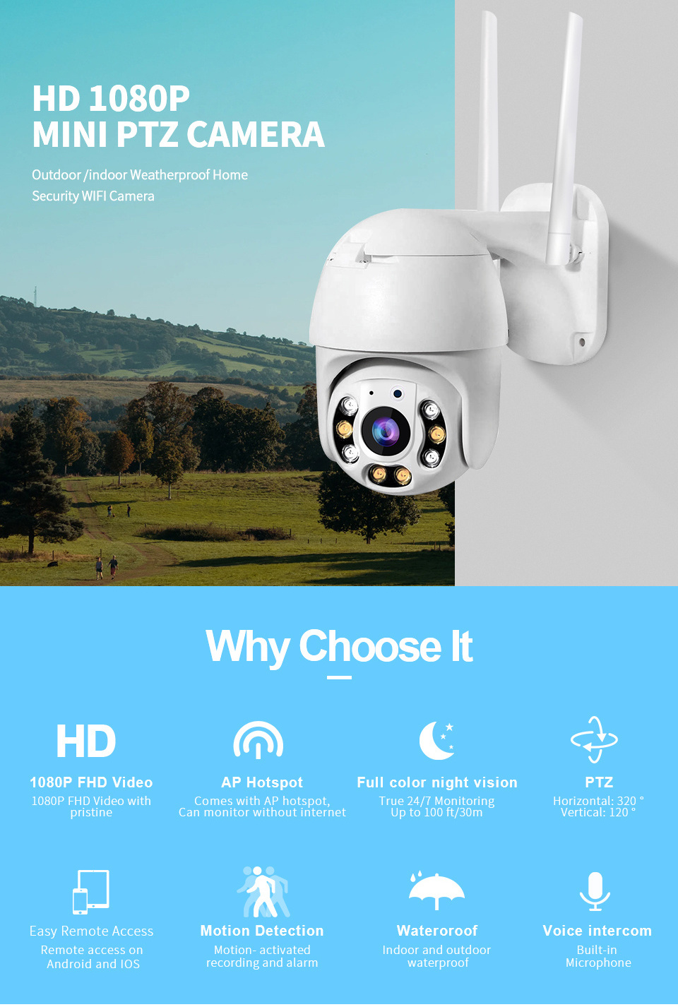 Tuya Smart Wireless Outdoor Security PTZ Camera Waterproof Auto Tracking Human Detection IP Network Camera