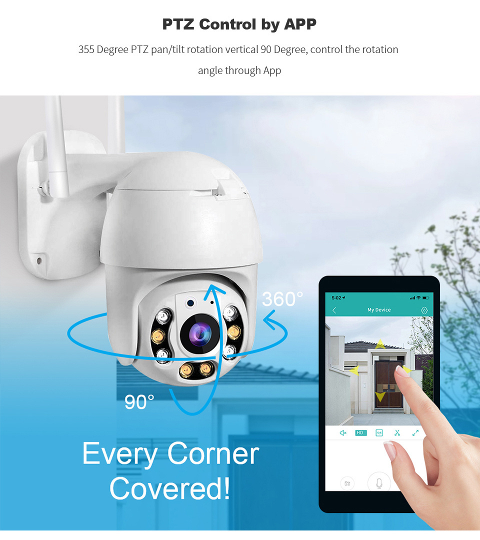 Tuya Smart Wireless Outdoor Security PTZ Camera Waterproof Auto Tracking Human Detection IP Network Camera