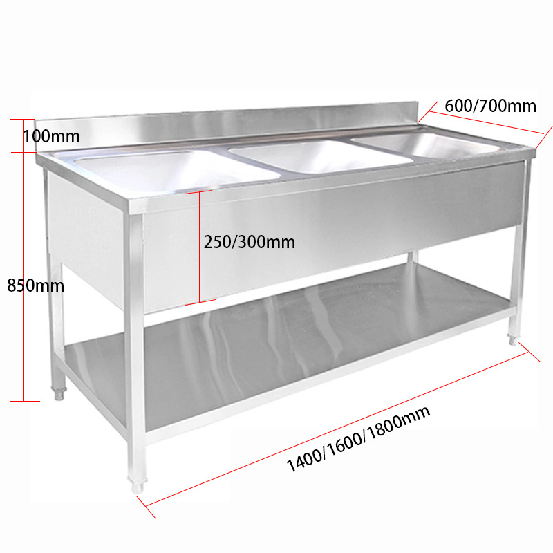 Custom Size 18 16 Gauge 3 Compartment Sink Commercial Stainless Steel Restaurant Washing Sink