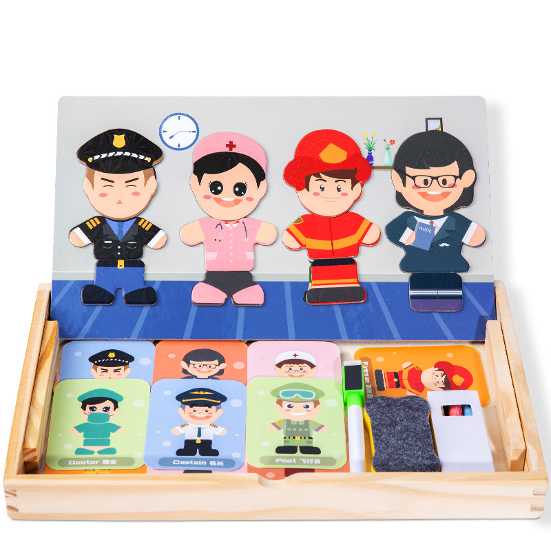 Magnetic Wooden Toy Montessori Character Career Cognitive Puzzle Toy Figure drawing board