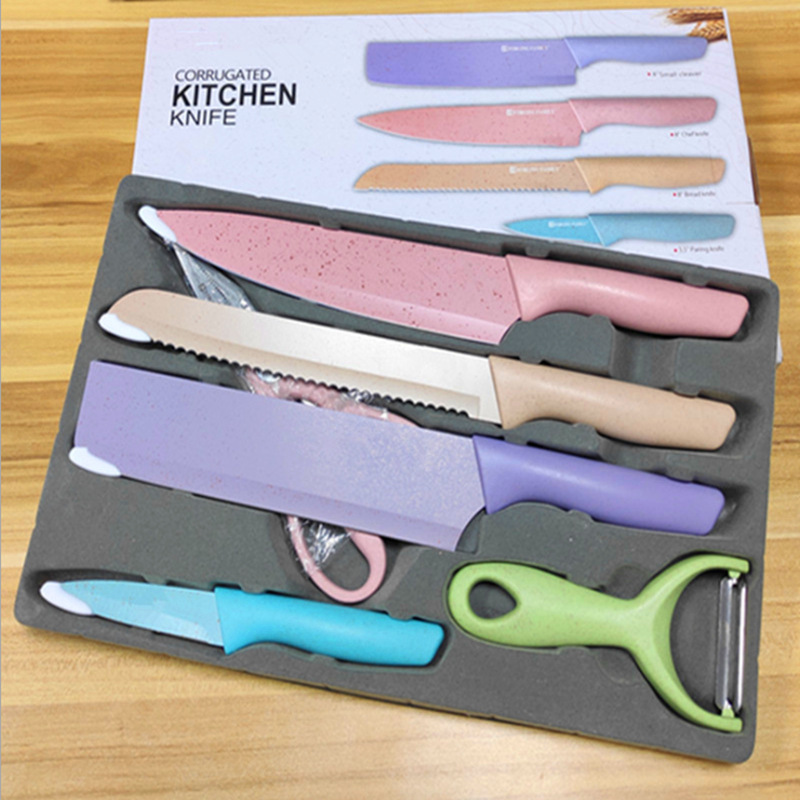 Environmentally Friendly 6 Pieces Colorful Wheat Straw Fruit Vegetable Knife set Stainless Steel Kitchen Knife Set