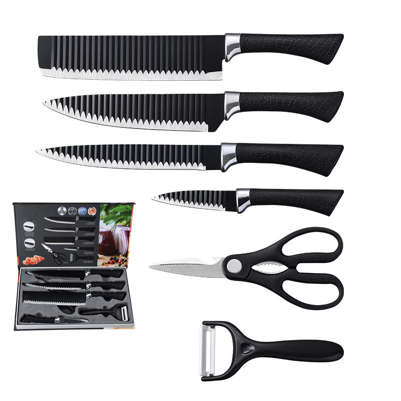 6 Pieces Black Non stick Coated Stainless Stainless Blade Kitchen Knives Sets with Color box