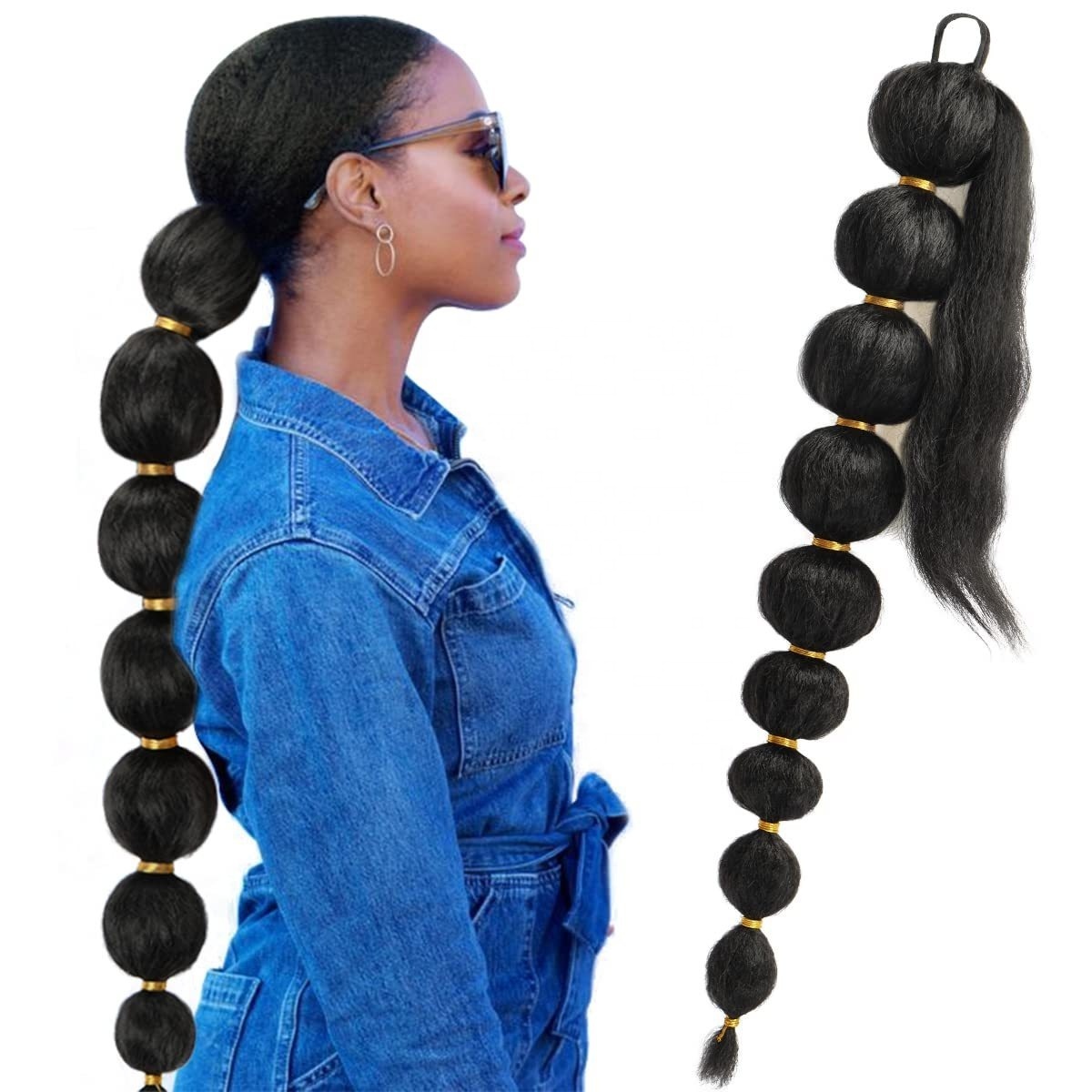 32-Inch 150g Long Afro Synthetic Heat Resistant Fiber Kinky Curly Yaki Straight Ponytail Hair Extensions Bubble Lantern Ponytail