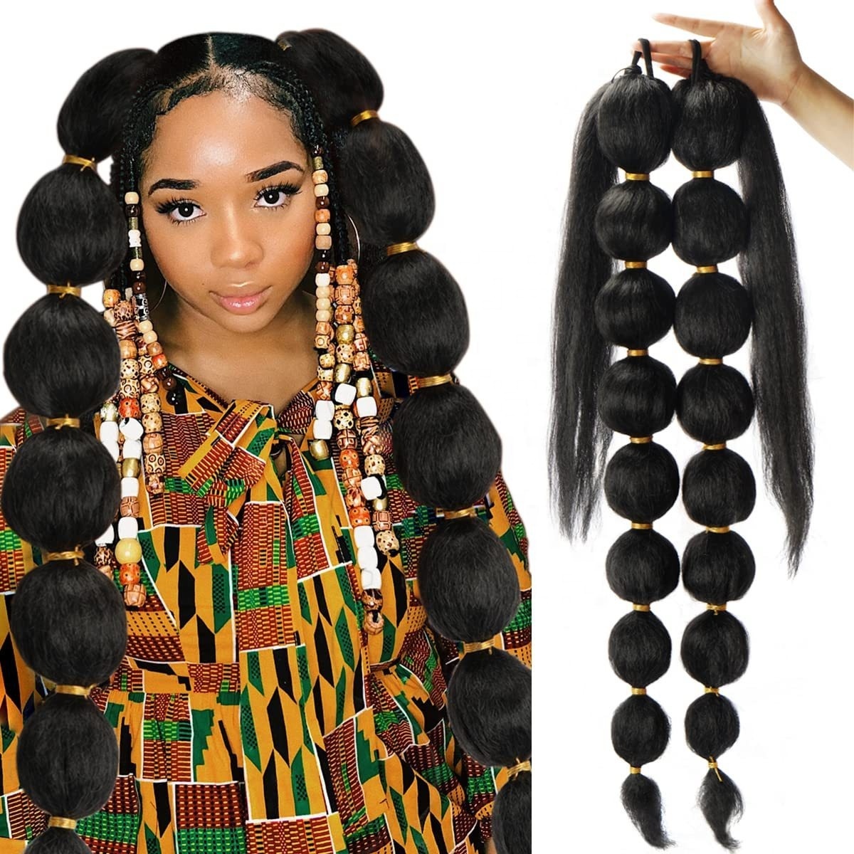 32-Inch 150g Long Afro Synthetic Heat Resistant Fiber Kinky Curly Yaki Straight Ponytail Hair Extensions Bubble Lantern Ponytail