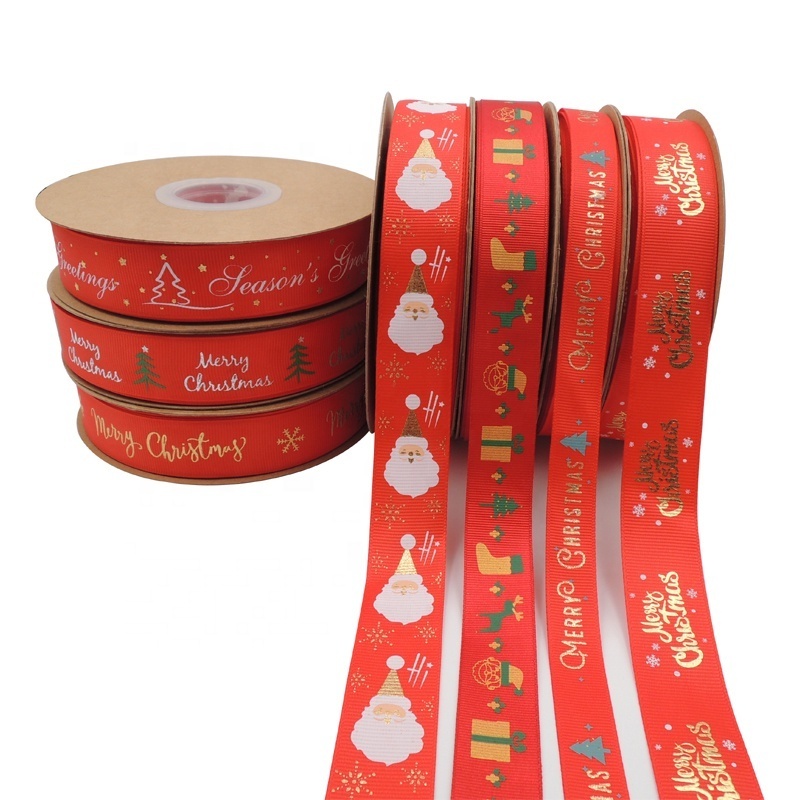 Wholesale Red / Green 1 inch Cartoon Printed Grosgrain Ribbons Christmas Decoration Ribbons