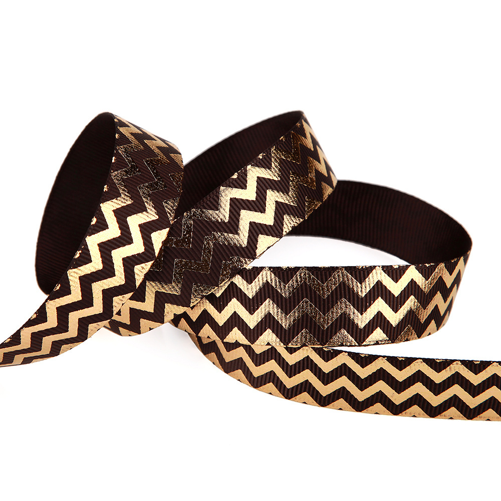 Wholesale Custom 1 Inch Black Polyester Luxury Gift Ribbon Logo Customised Grosgrain Gold Foil Riased Embossed Printed Ribbon