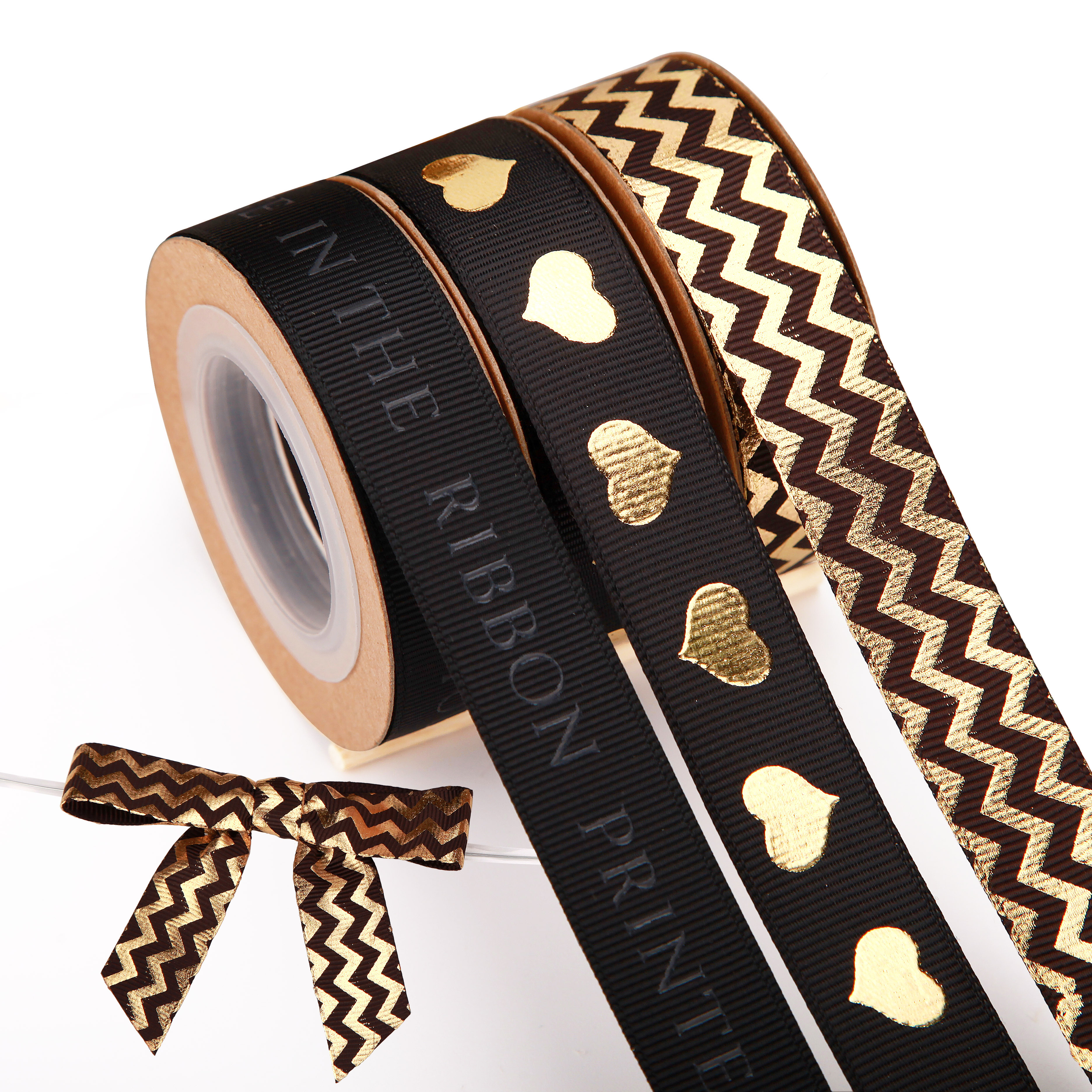 Wholesale Custom 1 Inch Black Polyester Luxury Gift Ribbon Logo Customised Grosgrain Gold Foil Riased Embossed Printed Ribbon