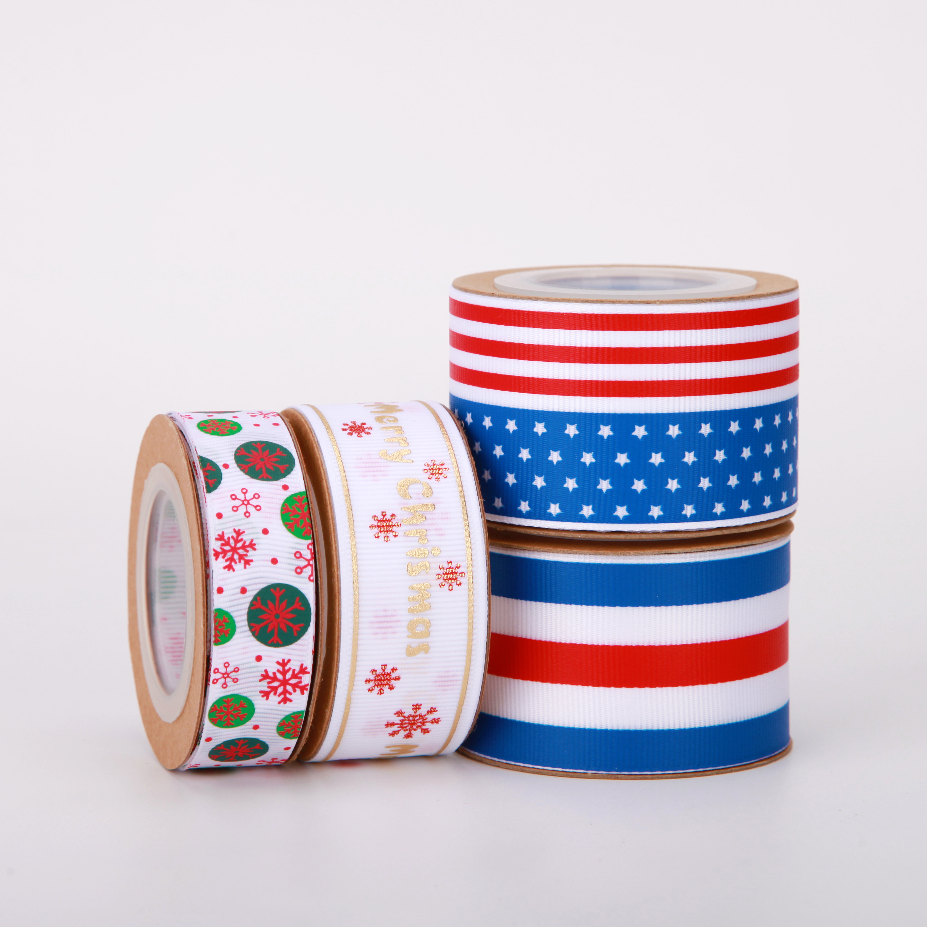 Factory 25mm 38mm Christmas Snowflake National Flag Navy Blue White Striped Printing Customized Ribbon