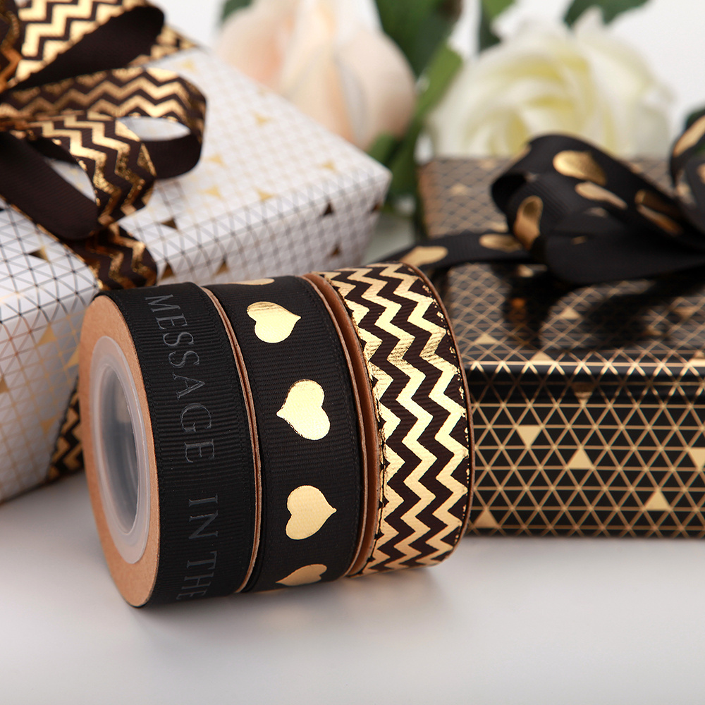 Wholesale Custom 1 Inch Black Polyester Luxury Gift Ribbon Logo Customised Grosgrain Gold Foil Riased Embossed Printed Ribbon