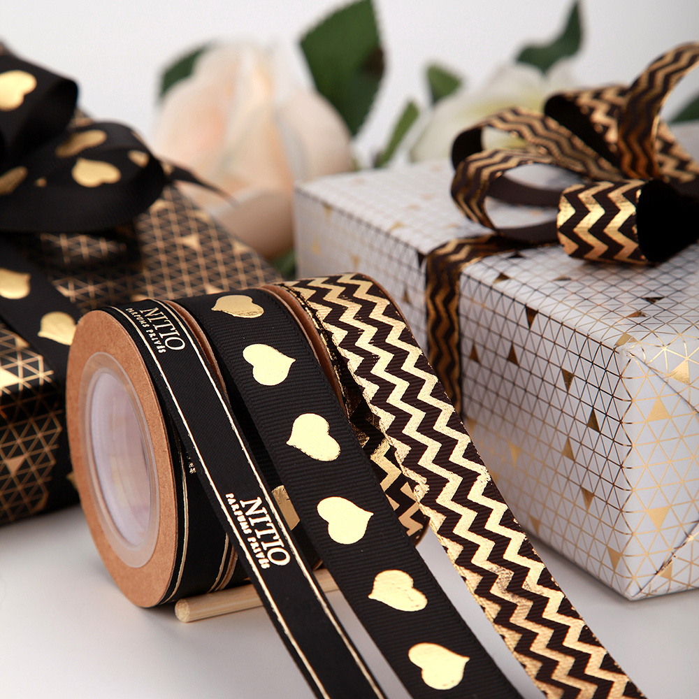 Wholesale Custom 1 Inch Black Polyester Luxury Gift Ribbon Logo Customised Grosgrain Gold Foil Riased Embossed Printed Ribbon