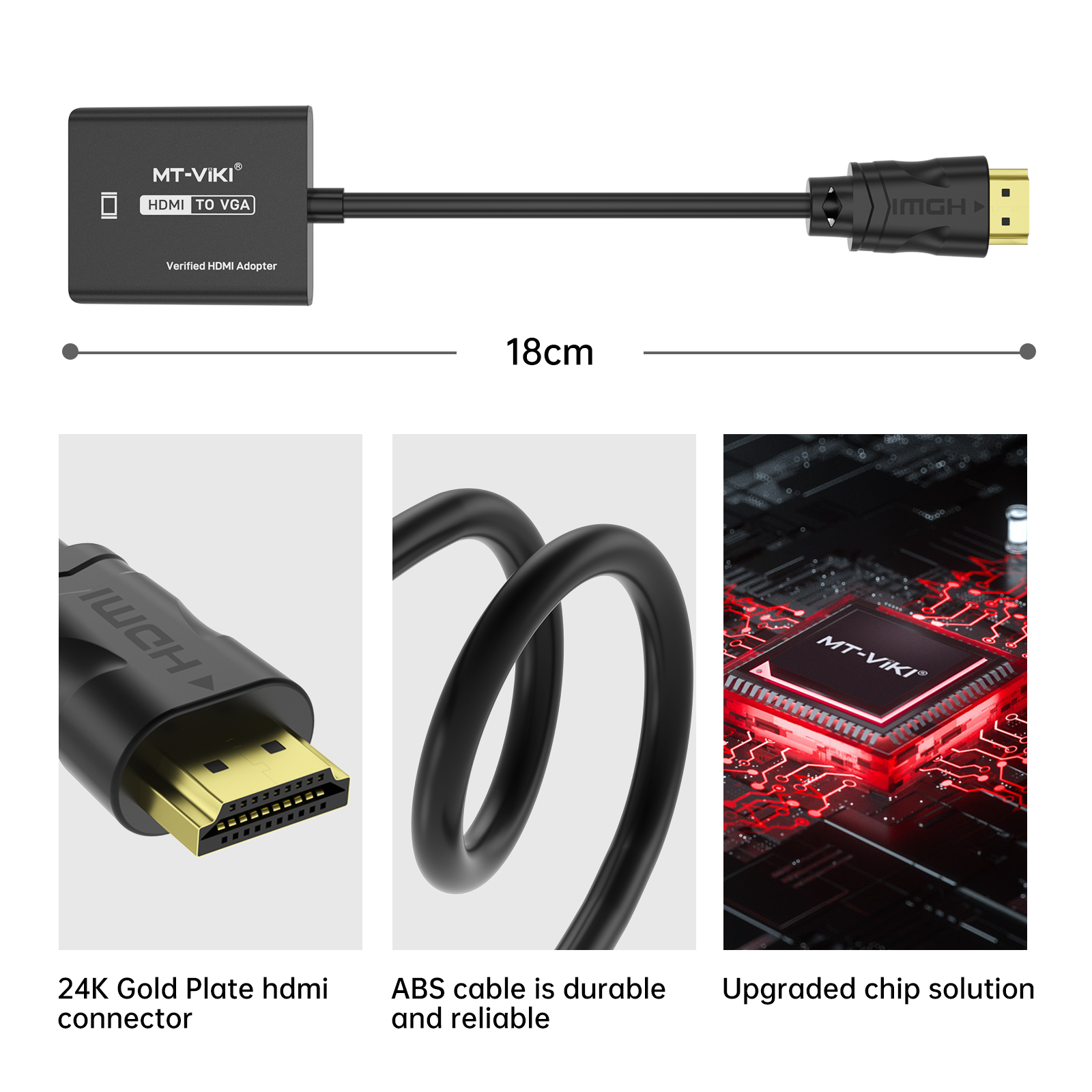 2024 New Design 1080P 60Hz HDMI to VGA Adapter, MT-VIKI 23cm Customized Logo HDMI to VGA Converter Cable