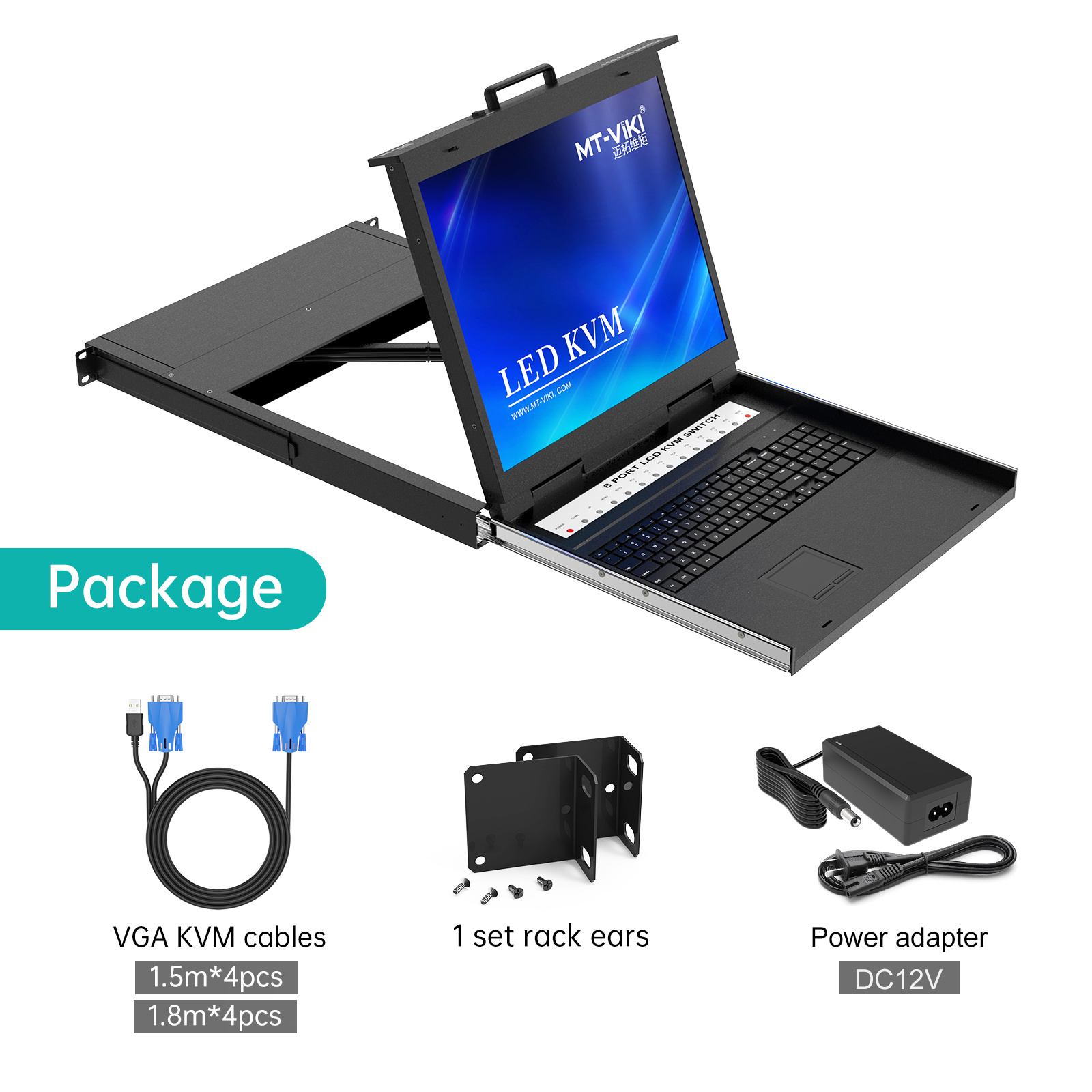 19 inch LCD KVM Switch 8 port VGA + 8 pack USB VGA Cables, MT-VIKI Rackmount KVM console Drawer 8x1, 19 inch LCD KVM Switch