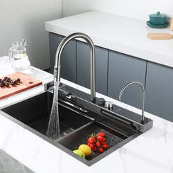 Tiktok trends stainless steel All in one kitchen sink with pull down faucet  waterfall kitchen faucet with kitchen drain