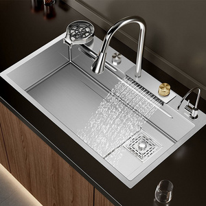 Tiktok trends stainless steel All in one kitchen sink with pull down faucet  waterfall kitchen faucet with kitchen drain