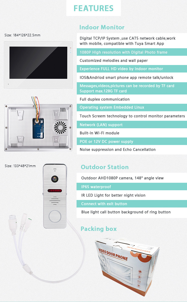 Door Entry System 2-Way Talk App Phone Control Wifi Doorbell Camera CAT5 Ethernet POE Connect IP Based Video Intercom Wireless