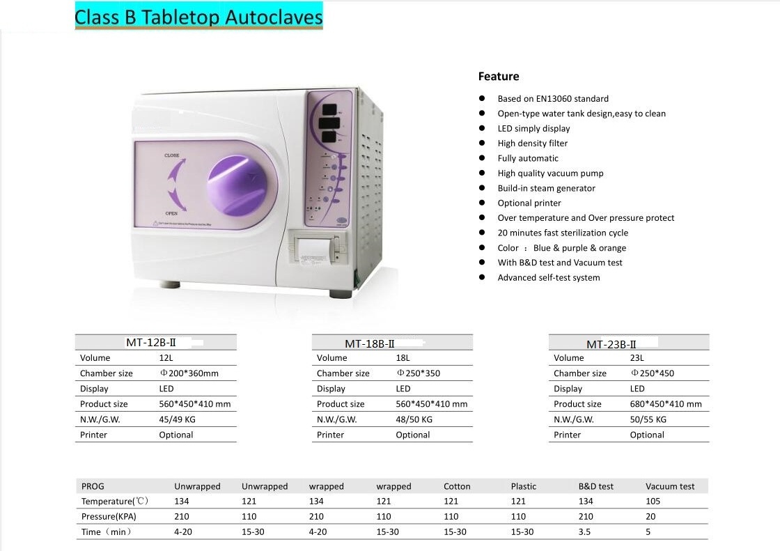 MT Medical Equipment Hospital Clinic Class B Autoclave Steam Sterilizer Machine Vacuum Portable Autoclave