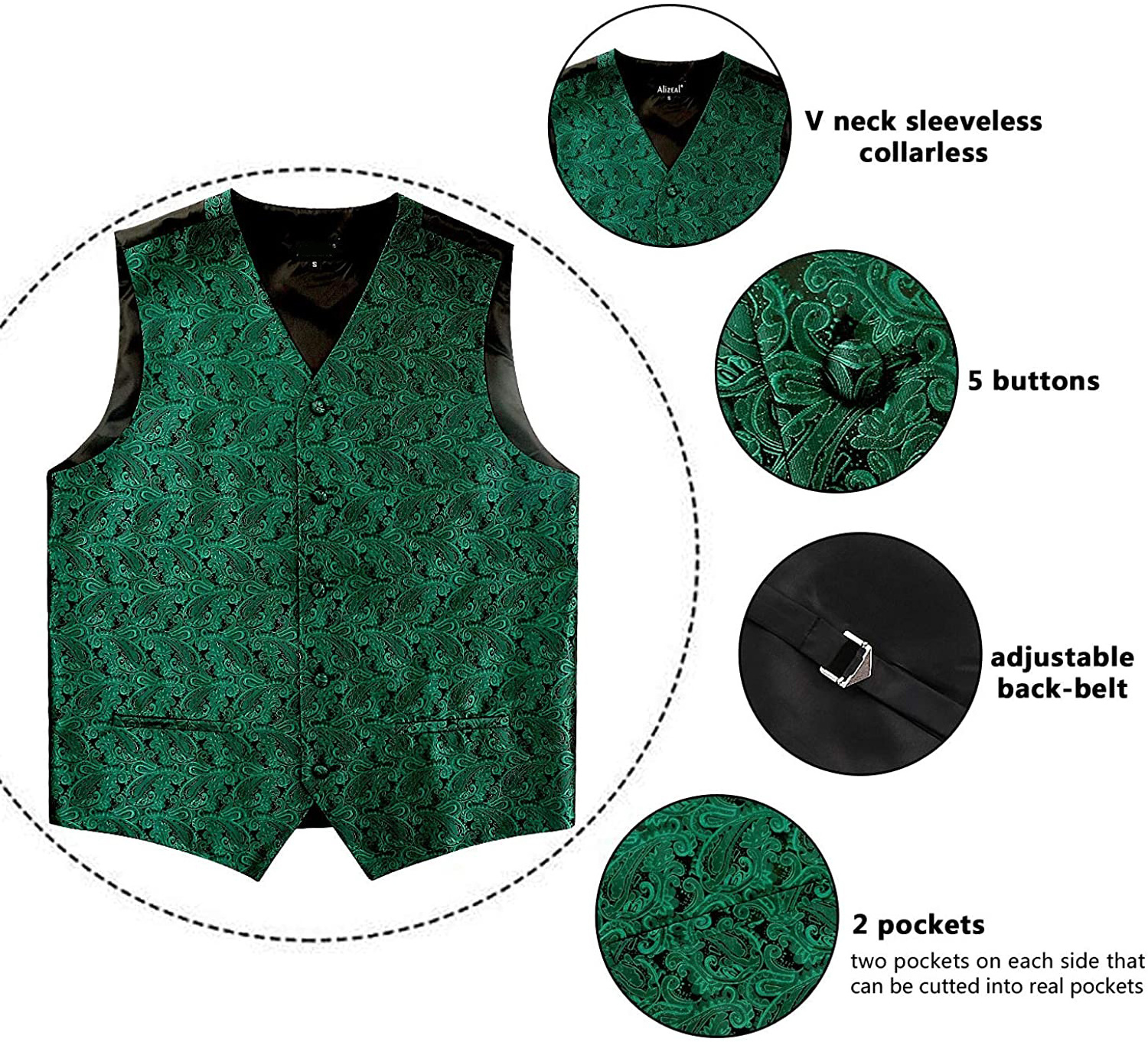 Mens Classic 4pcs/set Paisley Jacquard Waistcoat Suit Vest Set with Silk Ties Bowtie and Pocket Square 4-in-1 Set