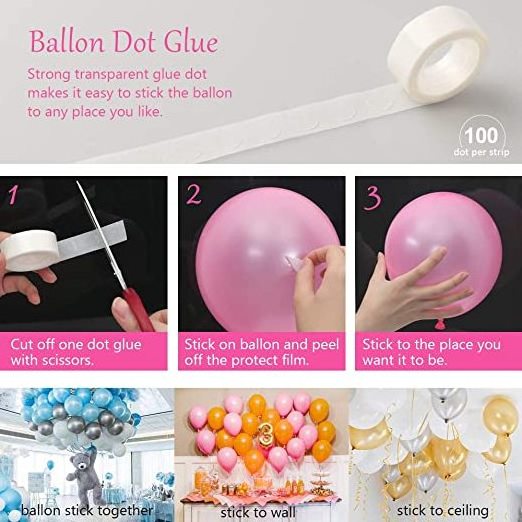 Balloon Decorating Strip Kit for Arch Garland 32Ft Balloon Tape Strip, 2 Pcs Tying Tool, 200 Dot Glue, 20 Ballon Flower Clip for