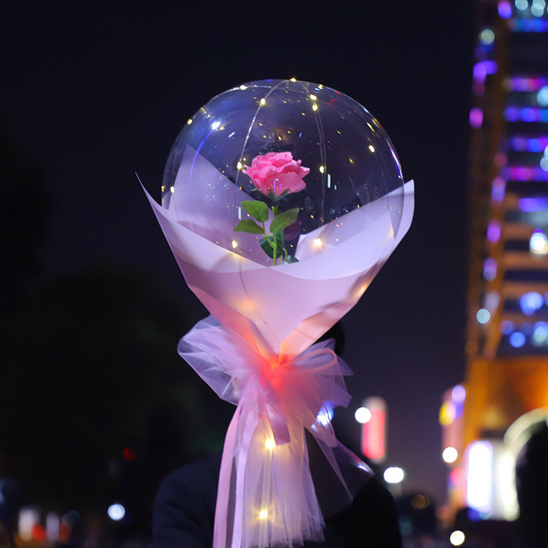 2023 High Quality Rose Flower Clear Pvc Bubble Bobo Balloons With Led Light For Valentine Decoration